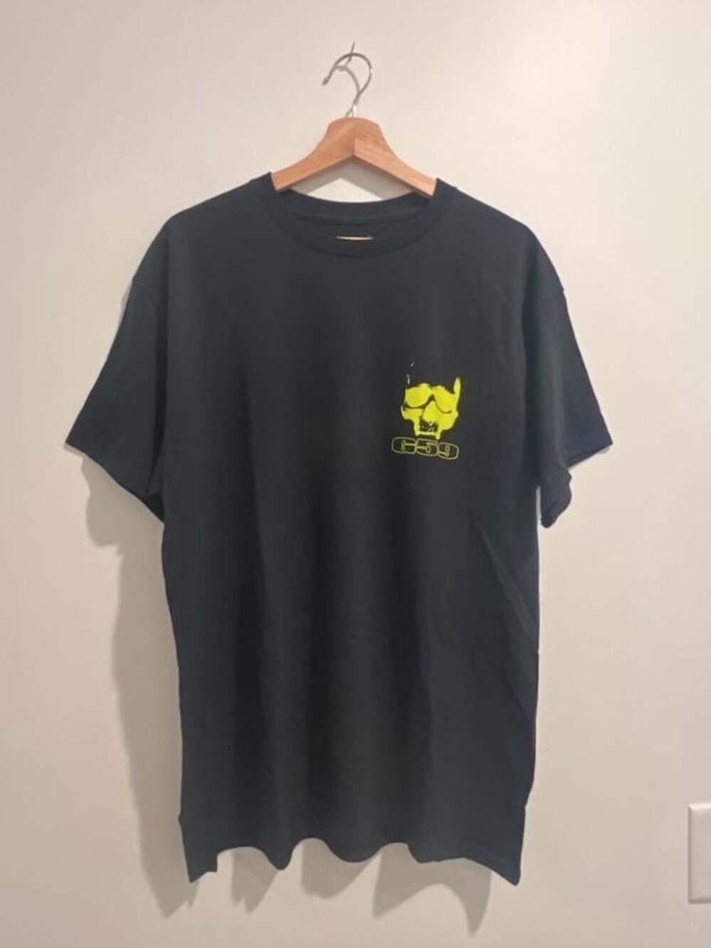 G59 Records Black T-Shirt with Neon Yellow Skull Graphic, Size Large